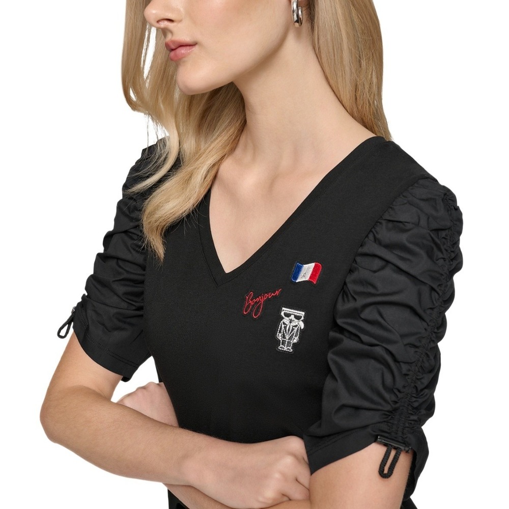 Karl Lagerfeld Bonjour Paris Ruched Sleeves Embroidered Karl Top S Y2K BabyDoll